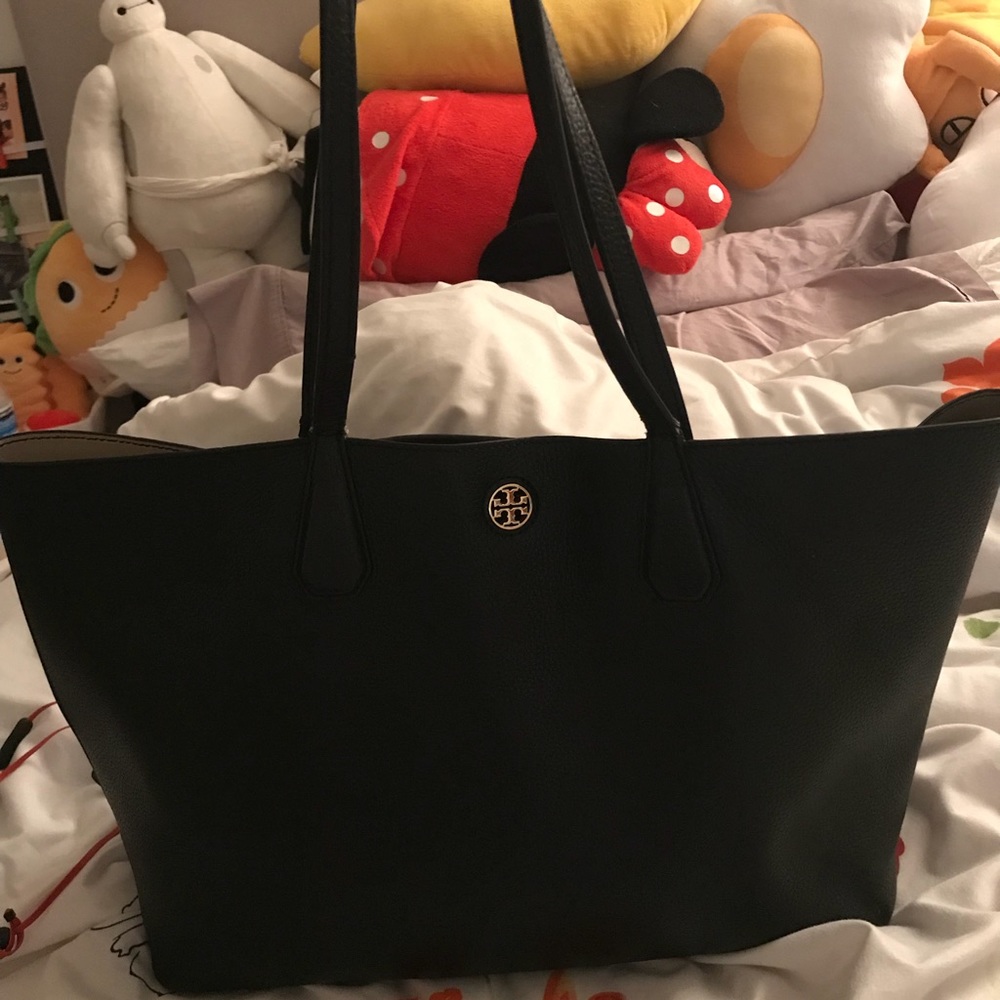 Tory Burch Black Leather Tote with Gold Logo